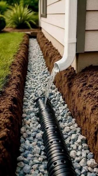 Gutter downspout draining into a French drain beside a home foundation