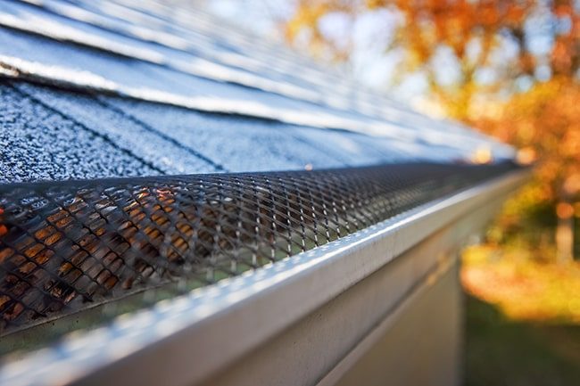 Close-up of mesh gutter guard leaf protection installed on a home gutter