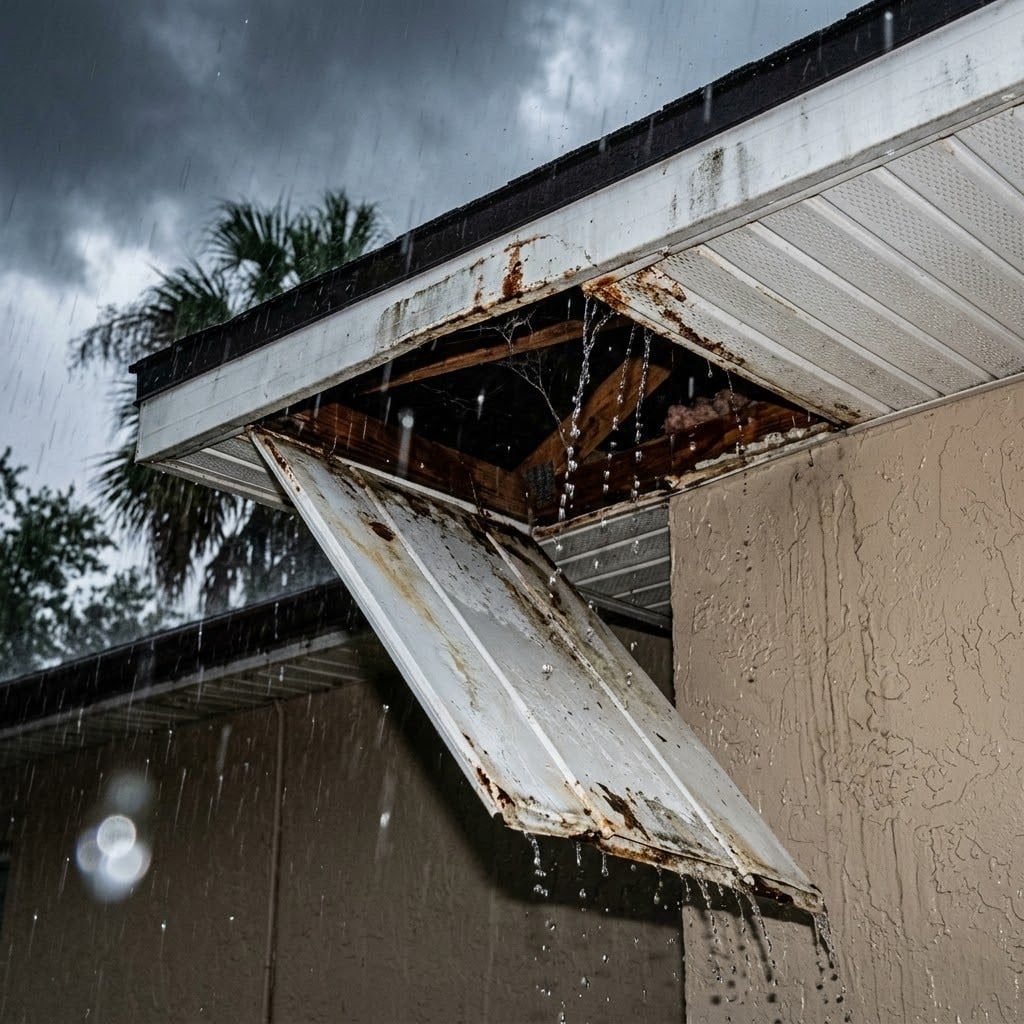 Storm-damaged rotted soffit and fascia on a house corner needing repair